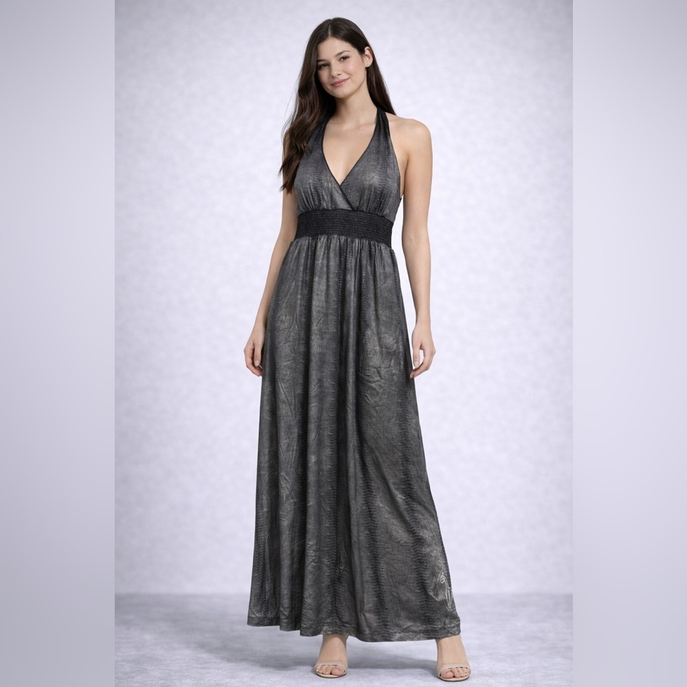 Baby Phat Women’s Metallic Snake Print Halter Maxi Dress Size M Silver Gray